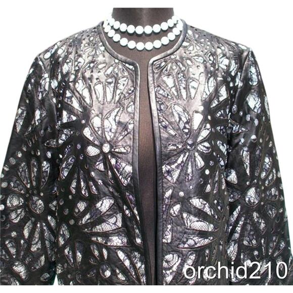 Cache Laser Cut Leather Lace Swing Jacket Top New Peek A Boo Black White $398 - Picture 5 of 6